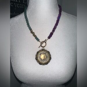 Highway Hippie Beaded Two-Tone Pendant Necklace - Gold, Teal & Purple